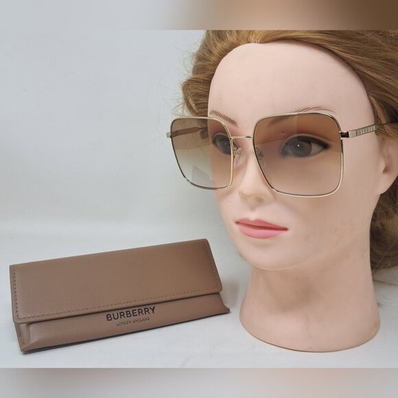 Burberry Sunglasses Gold Brown Gradient Oversized Square Check B3119 58-17-140 - Picture 1 of 14